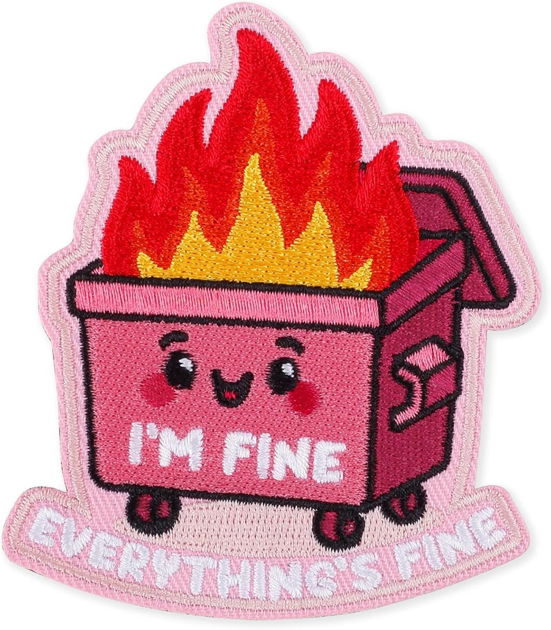 FengechoCstm I'm Fine Everything's Fine Meme Morale Patch - 3 x 2.5 Inch Pink Funny Dumpster Fire Embroidered Hook and Loop Patch for Hats, Backpack, Jackets, Dog Vest，Patch Wall, and More- 1 Pc - Image 1